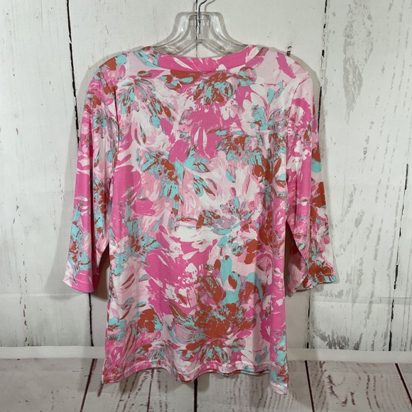 Quacker Factory Top M Pink Floral Embellished 3/4 Sleeve Boho Artsy Watercolor - Picture 8 of 13